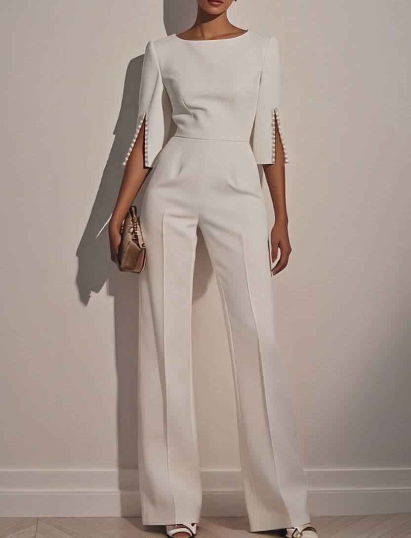 Mid-Sleeve Boat-Neck Dressy Jumpsuit - White