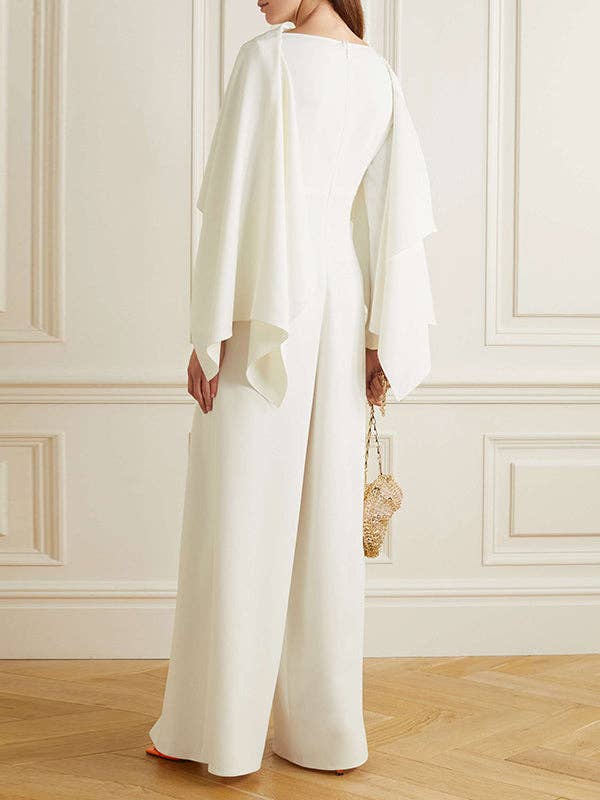 Urban Elegant Long-Sleeve Wrap Solid Color Jumpsuit - White